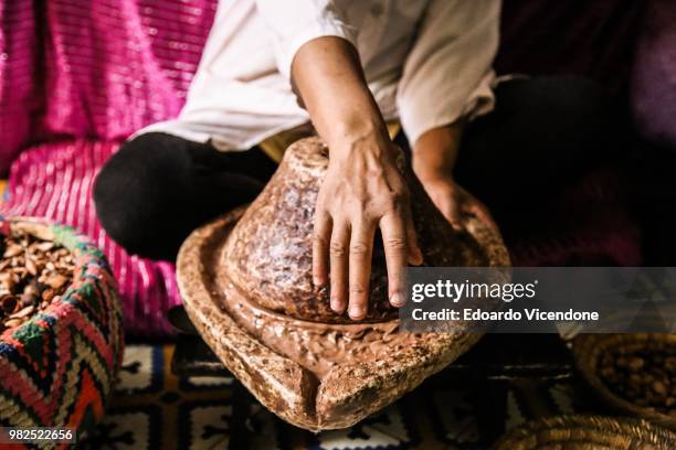 the making of argan oil - marrakech - argan oil stock pictures, royalty-free photos & images