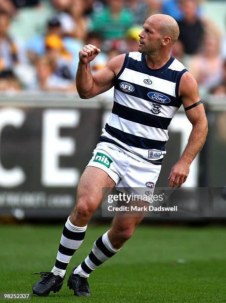 Paul Chapman of the Cats celebrates a goal during the round two AFL match between the Hawthorn Hawks and the Geelong Cats at Melbourne Cricket Ground...