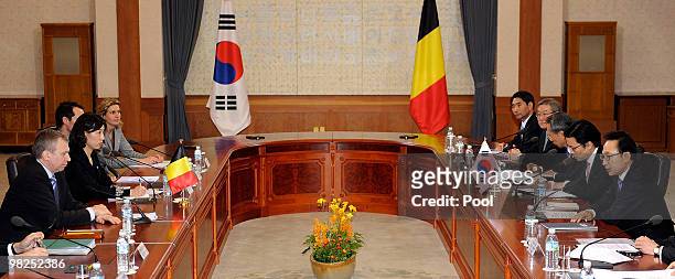 Belgian Prime Minister Yves Leterme and South Korean President Lee Myung-Bak attend a summit at presidential house on April 5, 2010 in Seoul, South...