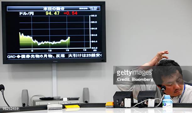 Dealer works in front of an electronic board displaying the current exchange rate of the yen against the U.S. Dollar at a foreign exchange brokerage...