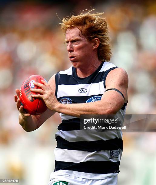 Cameron Ling of the Cats looks for a teammate during the round two AFL match between the Hawthorn Hawks and the Geelong Cats at Melbourne Cricket...