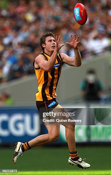 Liam Shiels of the Hawks marks during the round two AFL match between the Hawthorn Hawks and the Geelong Cats at Melbourne Cricket Ground on April 5,...