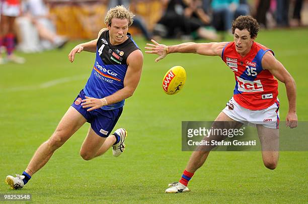 Tim Noakes of East Perth and Dion Fleay of West Perth contest the ball during the round three WAFL match between East Perth and West Perth at...