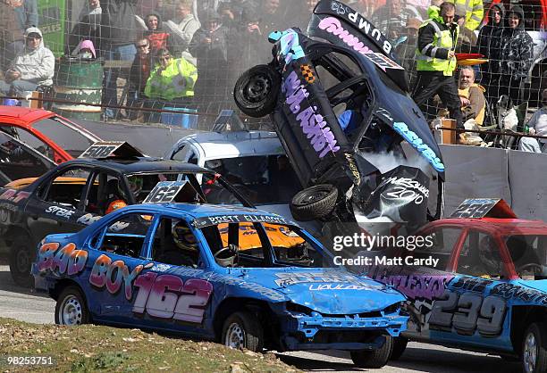 Cars collide as they compete in the 2-litre National Bangers Heat race at the United Downs Raceway banger racing meet in St Day near Redruth on April...