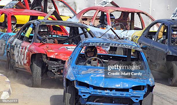 Cars compete in the 2-litre National Bangers Heat race at the United Downs Raceway banger racing meet in St Day near Redruth on April 4, 2010 in...