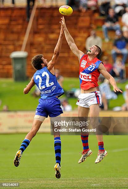Zachary Clarke of East Perth and Mitch Andrews of West Perth contest the ball during the round three WAFL match between East Perth and West Perth at...