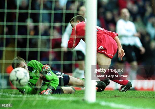 Michael Owen of Liverpool scores the 2nd goal during the FA Carling Premiership match between Liverpool and Derby County at Liverpool. Mandatory...