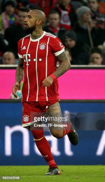 Arturo Vidal of Muenchen runs during the Bundesliga match between FC Bayern Muenchen and TSG 1899 Hoffenheim at Allianz Arena on January 27, 2018 in...