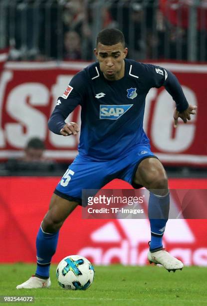 Kevin Akpoguma of Hoffenheim controls the ball during the Bundesliga match between FC Bayern Muenchen and TSG 1899 Hoffenheim at Allianz Arena on...