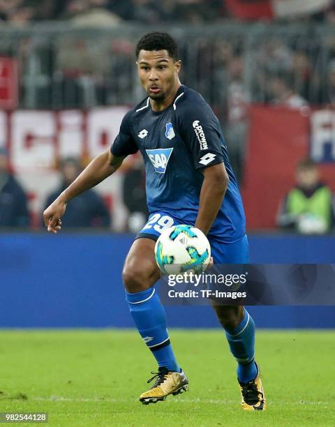 Serge Gnabry of Hoffenheim controls the ball during the Bundesliga match between FC Bayern Muenchen and TSG 1899 Hoffenheim at Allianz Arena on...