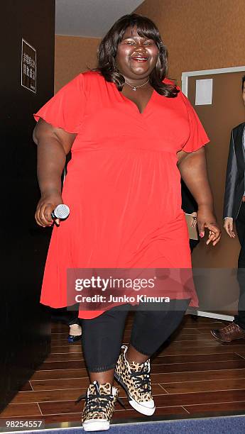 Actress Gabourey Sidibe attends the "Precious: Based on the Novel Push by Sapphire" Stage Greeting at Cinemart Roppongi on April 5, 2010 in Tokyo,...