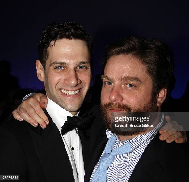 *Exclusive Coverage* Justin Bartha and Zach Galifianakis pose at the opening night afterparty for "Lend Me A Tenor" on Broadway at Espace on April 4,...