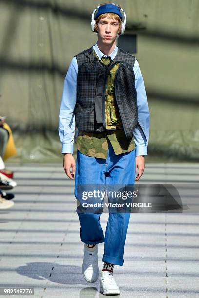 Model walks the runway during the Junya Watanabe Man Menswear Spring/Summer 2019 fashion show as part of Paris Fashion Week on June 22, 2018 in...