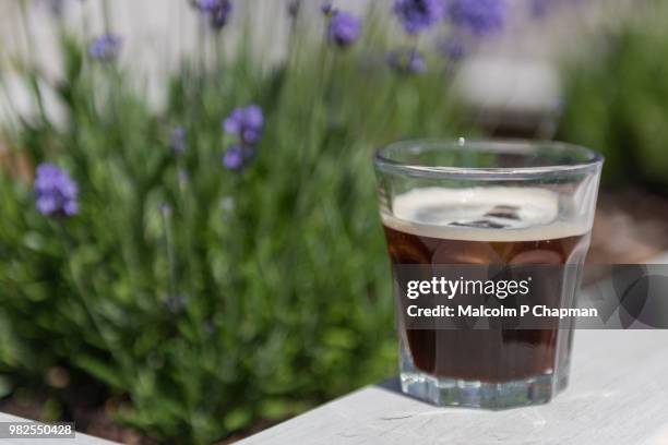 iced espresso coffee drink in garden - cambodia malcolm p chapman or malcolm chapman stock-fotos und bilder