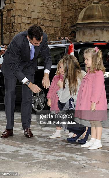 Prince Felipe of Spain, Princess Sofia of Spain, Princess Letizia of Spain and Princess Leonor of Spain attend Easter Mass, at Palma de Mallorca...