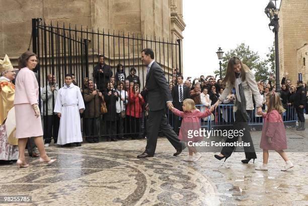 Queen Sofia of Spain, Prince Felipe of Spain, Princess Sofia of Spain, Princess Letizia of Spain and Princess Leonor of Spain attend Easter Mass, at...