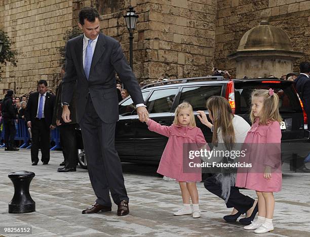 Prince Felipe of Spain, Princess Sofia of Spain, Princess Letizia of Spain and Princess Leonor of Spain attend Easter Mass, at Palma de Mallorca...