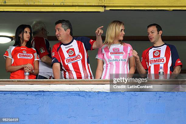 President of Chivas Jorge Vergara and Angelica Fuentes watch the match between Chivas Guadalajara v America as part of the 2010 Bicentenary...