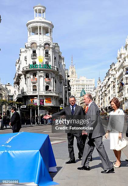 Madrid's Mayor Alberto Ruiz Gallardon, King Juan Carlos of Spain and Queen Sofia of Spain attend Gran Via Street centennial celebrations, on April 5,...
