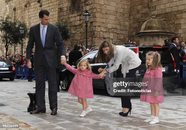 Prince Felipe of Spain, Princess Sofia of Spain, Princess Letizia of Spain and Princess Leonor of Spain attend Easter Mass, at Palma de Mallorca...
