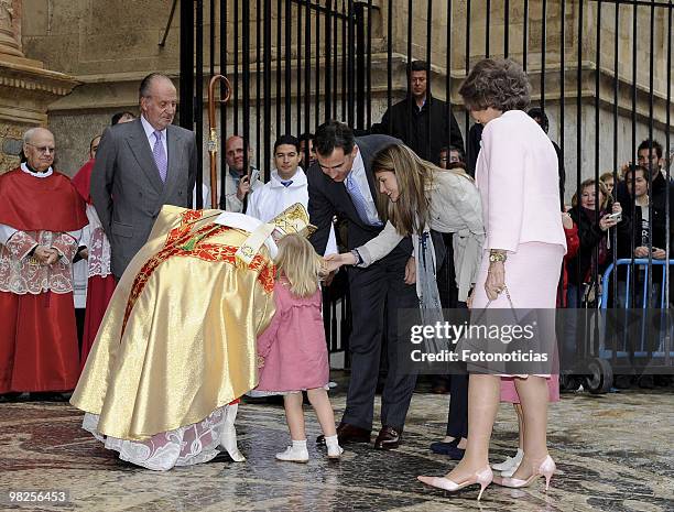 King Juan Carlos of Spain, Prince Felipe of Spain, Princess Leonor of Spain and Princess Letizia of Spain of Spain and Queen Sofia of Spain attend...