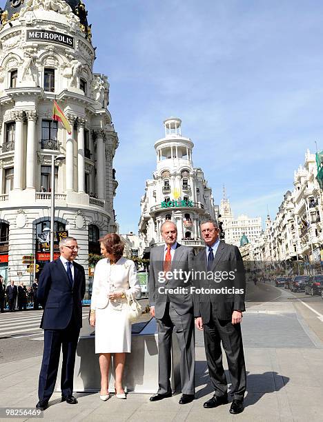 Minister Jose Blanco, Queen Sofia of Spain, King Juan Carlos of Spain and Madrid's Mayor Alberto Ruiz Gallardon attend Gran Via Street centennial...