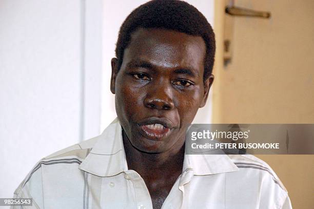 Picture taken on March 30, 2010 shows an Ugandese Lord's Resistance Army rebel, Patrick Okello at a millitary intelligence office for interrogation...