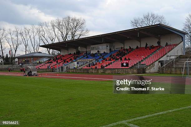 General view of the stadium during the Women's Bundesliga match between Herforder SV and SG Wattenscheid 09 at the Ludwig Jahn Stadium on April 5,...