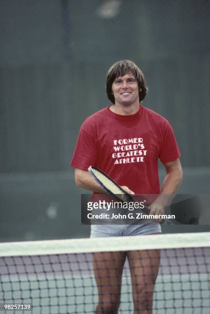 Portrait of media personality and Olympic Decathlon gold medalist Bruce Jenner playing tennis. Malibu, CA 9/30/1980 CREDIT: John G. Zimmerman