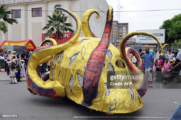 An "octopus" dances during the premier edition of Lagos Carnival Monday, April 5, 2010. Residents of Lagos and tourists were entertained as hundreds...