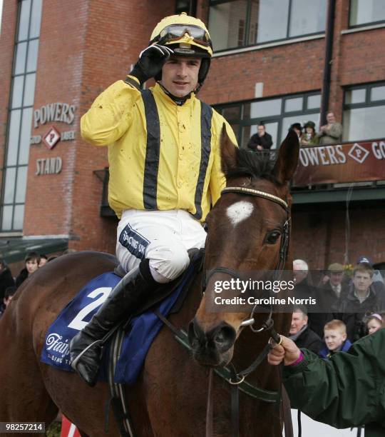 Cousin Vinny ridden by jockey, Ruby Walsh is led in after winning the Keelings Irish Strawberry Hurdle Chase at the 2010 Irish Grand National meeting...