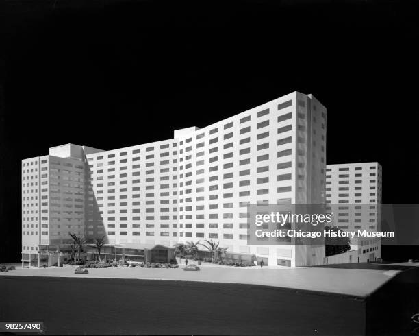 Architectural model of the Los Angeles Statler hotel , Los Angeles, California, January 24, 1951. The hotel's address is 930 Wilshire Boulevard, and...