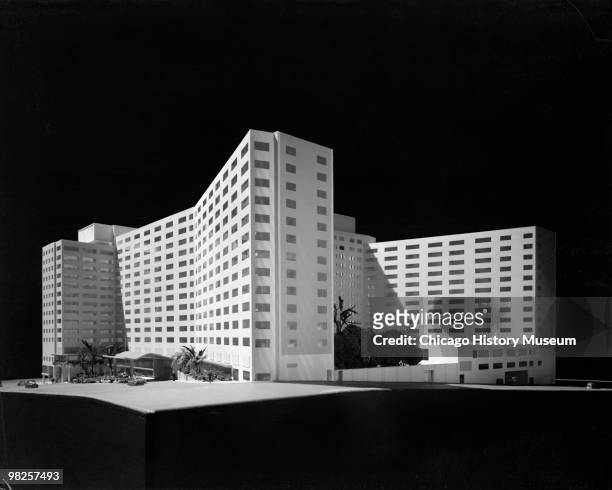Architectural model of the Los Angeles Statler hotel , Los Angeles, California, January 24, 1951. The hotel's address is 930 Wilshire Boulevard, and...