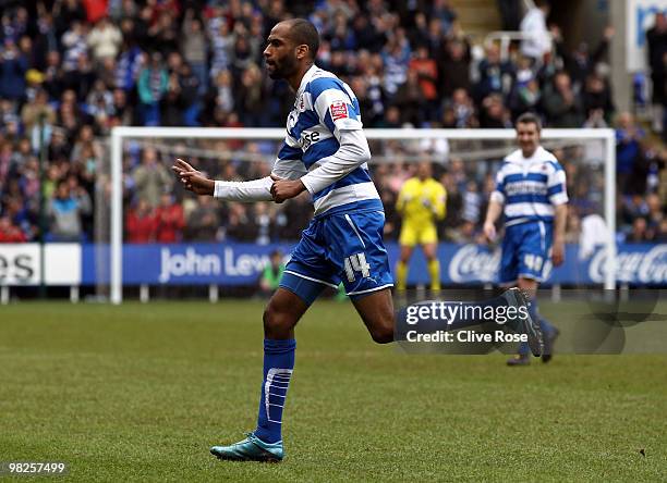 Jimmy Kebe of Reading celebrates his goal during the Coca Cola Championship game between Reading and Coventry City at The Madejski Stadium on April...