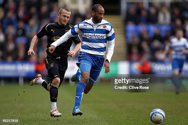 Jimmy Kebe of Reading in action during the Coca Cola Championship game between Reading and Coventry City at The Madejski Stadium on April 5, 2010 in...