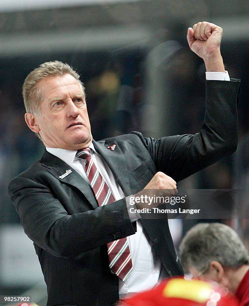 Headcoach Hans Zach of Hannover gestures during the fourth DEL quarter final play-off game between Thomas Sabo Ice Tigers Nuremberg and Hannover...