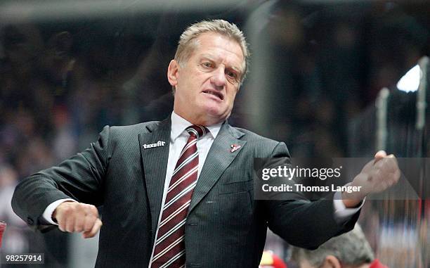Headcoach Hans Zach of Hannover gestures during the fourth DEL quarter final play-off game between Thomas Sabo Ice Tigers Nuremberg and Hannover...
