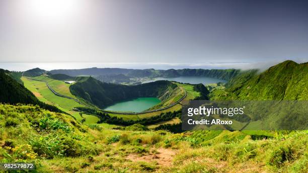 panoramic landscape from azores lagoons. sland of sao miguel has many lakes - ponta delgada azores portugal stock pictures, royalty-free photos & images
