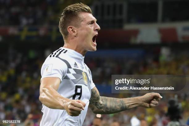 Toni Kroos of Germany celebrates scoring his sides winning goal during the 2018 FIFA World Cup Russia group F match between Germany and Sweden at...