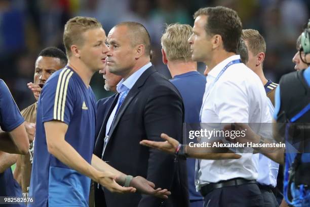 Oliver Bierhoff team manager of Germany reacts at the field of play after the 2018 FIFA World Cup Russia group F match between Germany and Sweden at...