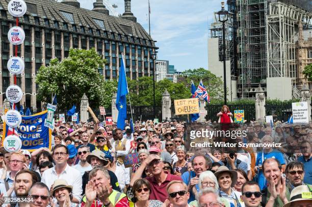 One hundred thousand of anti-Brexit supporters take part in People's Vote rally in Parliament Square in central London on a second anniversary of the...