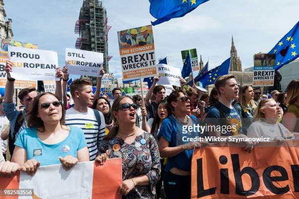 Members of Liberal Democrats Party joined one hundred thousand of anti-Brexit supporters taking part in People's Vote march in central London...