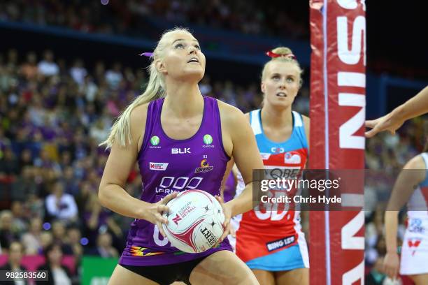 Gretel Tippett of the Firebirds shoots during the round eight Super Netball match between the Firebirds and the Swifts at Brisbane Entertainment...