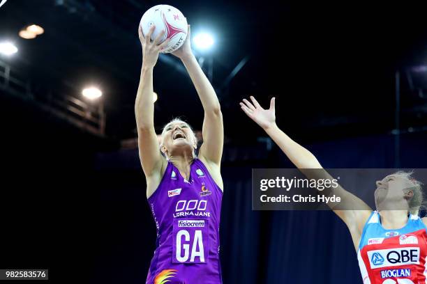 Gretel Tippett of the Firebirds catches during the round eight Super Netball match between the Firebirds and the Swifts at Brisbane Entertainment...