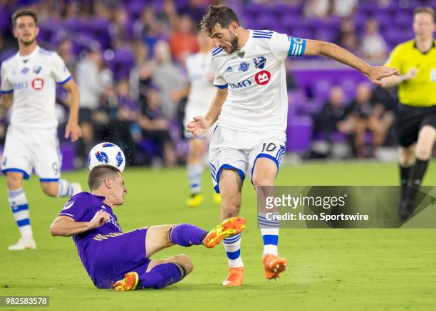 Orlando City midfielder Will Johnson heads the ball while on the ground During the MLS soccer match between the Orlando City SC and Montreal Impact...