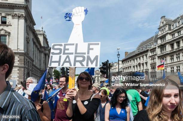 One hundred thousand of anti-Brexit supporters take part in People's Vote rally in Parliament Square in central London on a second anniversary of the...