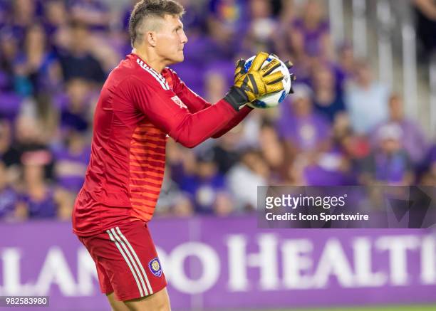 Orlando City goalkeeper Joseph Bendik makes a catch for a save During the MLS soccer match between the Orlando City SC and Montreal Impact on June...