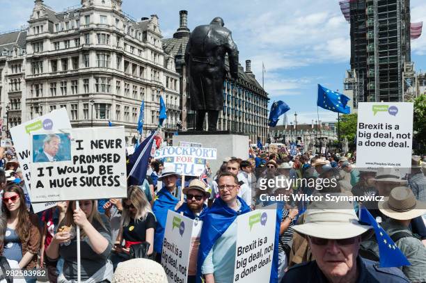 One hundred thousand of anti-Brexit supporters take part in People's Vote rally in Parliament Square in central London on a second anniversary of the...