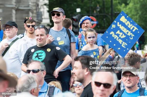 One hundred thousand of anti-Brexit supporters take part in People's Vote rally in Parliament Square in central London on a second anniversary of the...