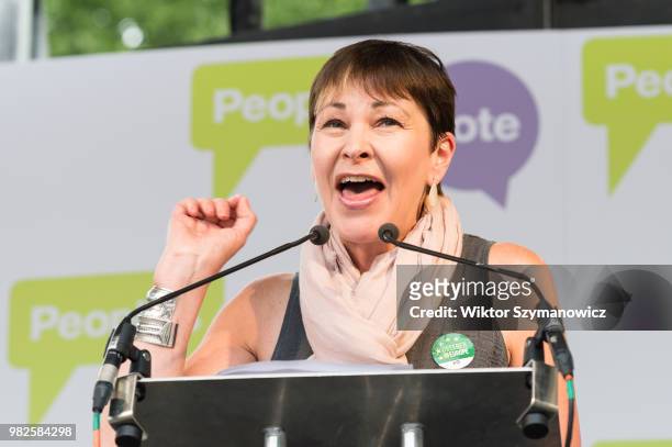 Green Party leader Caroline Lucas speaks at People's Vote rally in Parliament Square in central London on a second anniversary of the Brexit...